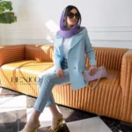 خرید کت تک زنانه رنگ آبی روشن جنس کرپ مازراتی و فری سایز از مزون بنیکو