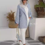 خرید کت شنل ترک رنگ آبی روشن فری سایز و لایی کشی و آسترکشی شده از مزون بنیکو