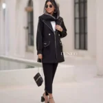 خرید مانتو رنگ مشکی فری سایز و لایی کشی شده و قد ۸۰ از مزون بنیکو