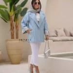 خرید مانتو رنگ آبی آسمانی جنس ژاکارد ترک و فری سایز از مزون بنیکو