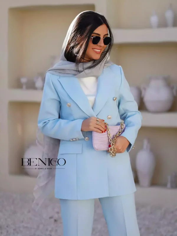 خرید کت شلوار زنانه رنگ آبی روشن از مزون بنیکو