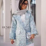 خرید مانتو جنس ژاکارد ترک رنگ طوسی و آبی و فری سایز با قد ۸۰ از مزون بنیکو