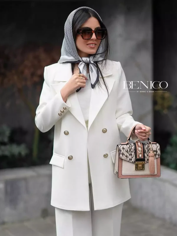 خرید کت و شلوار سفید برای عروس از مزون بنیکو