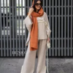خرید ست مانتو و شلوار خنک و تابستانه رنگ نسکافه ای از مزون بنیکو