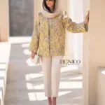 خرید مانتو رنگ زرد و طوسی جنس ژاکارد و لایی کشی شده از مزون بنیکو