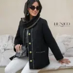 خرید کت پاییزه زنانه رنگ مشکی جنس ژاکارد شنل از مزون بنیکو