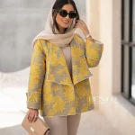 خرید مانتو رنگ‌ طوسی و زرد جنس ژاکارد کوک دوزی از مزون بنیکو