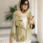 خرید مانتو زرد و طوسی جنس ژاکارد از مزون بنیکو