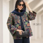 خرید مانتو جنس ژاکارد رنگ سورمه ای از مزون بنیکو