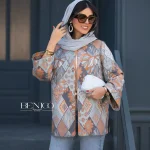 خرید مانتو کتی جنس ژاکارد رنگ طوسی و نارنجی از مزون بنیکو