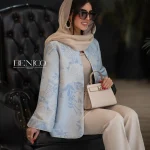 خرید مانتو کتی رنگ آبی کرم جنس ژاکارد از مزون بنیکو