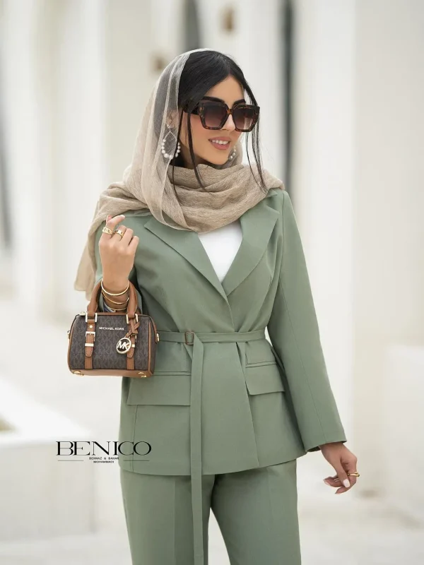 خرید کت شلوار سبز زنانه جنس لینن از مزون بنیکو
