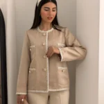 خرید کت مجلسی زنانه جنس کتان رنگ کرم از مزون بنیکو