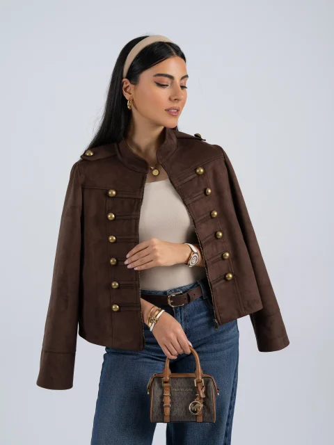 خرید کت تک جیر زنانه رنگ قهوه ای از مزون بنیکو
