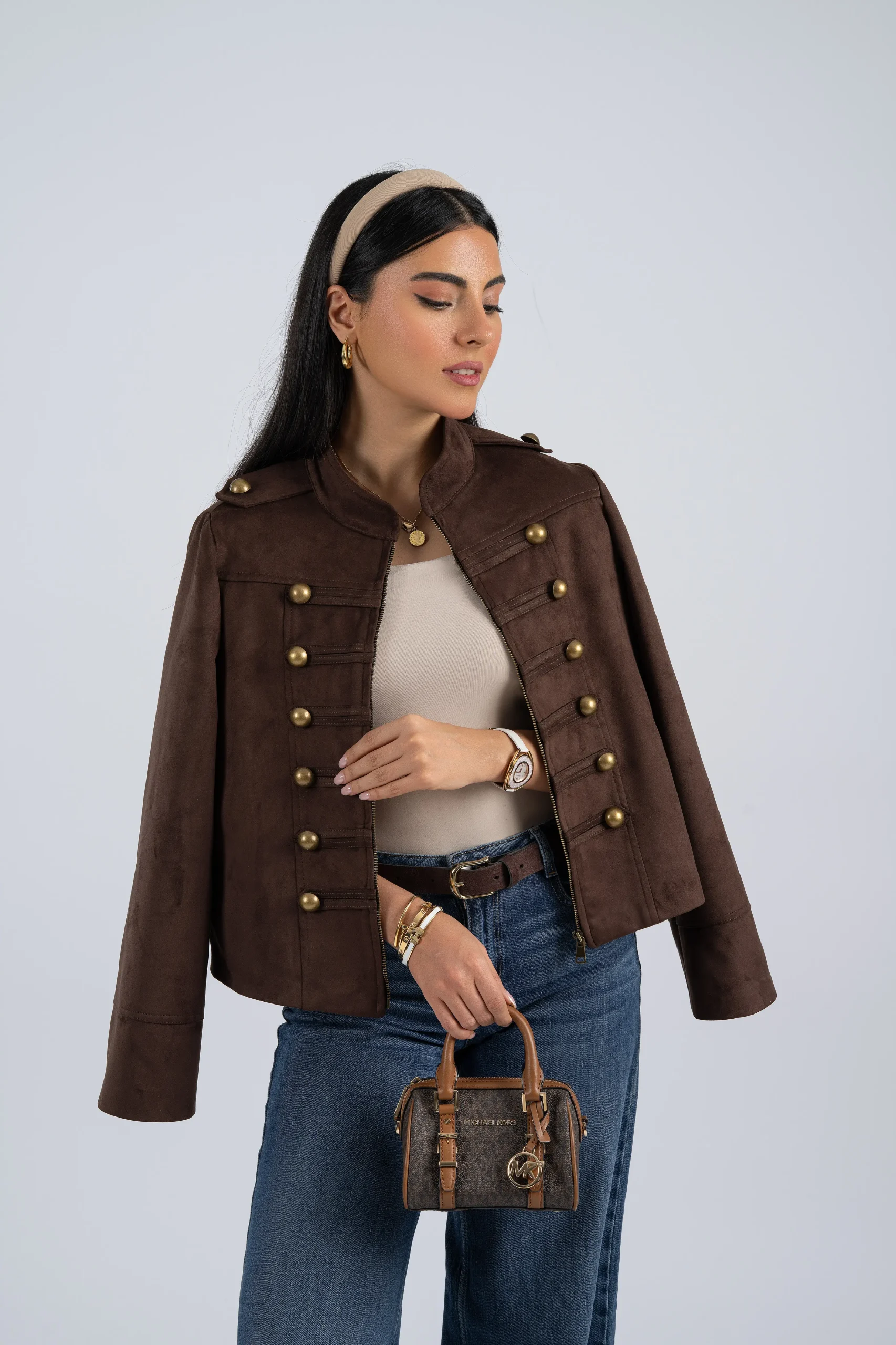 خرید کت تک جیر زنانه رنگ قهوه ای از مزون بنیکو