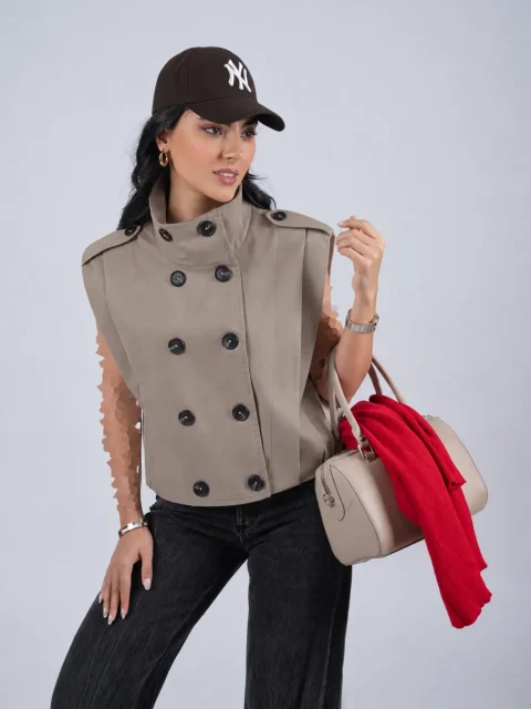 خرید وست زنانه پاییزه بدون آستین رنگ خاکی از مزون بنیکو