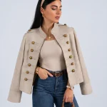 خرید کت تک جیر زنانه رنگ کرم مدل romi از مزون بنیکو