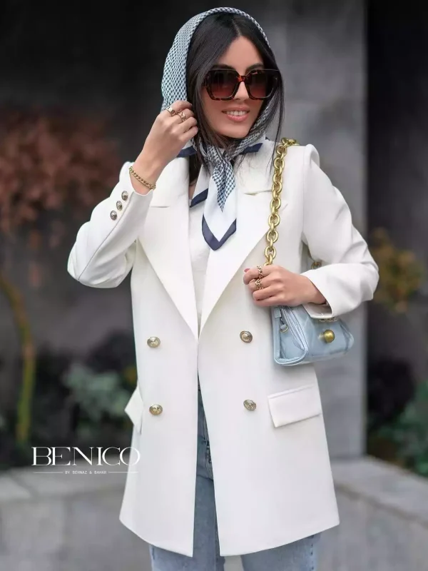 خرید کت تک زنانه رنگ سفید جنس کرپ مازراتی و فری سایز از مزون بنیکو