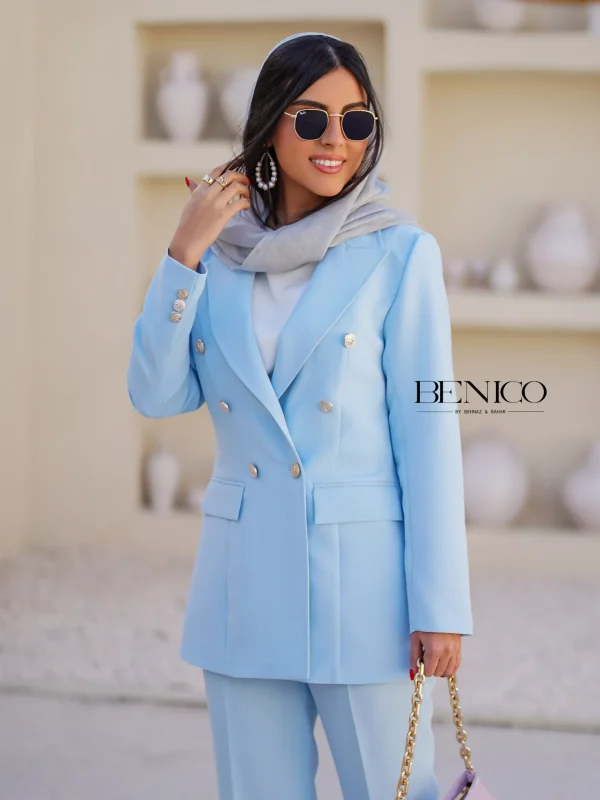 خرید کت شلوار زنانه رنگ آبی آسمانی از مزون بنیکو