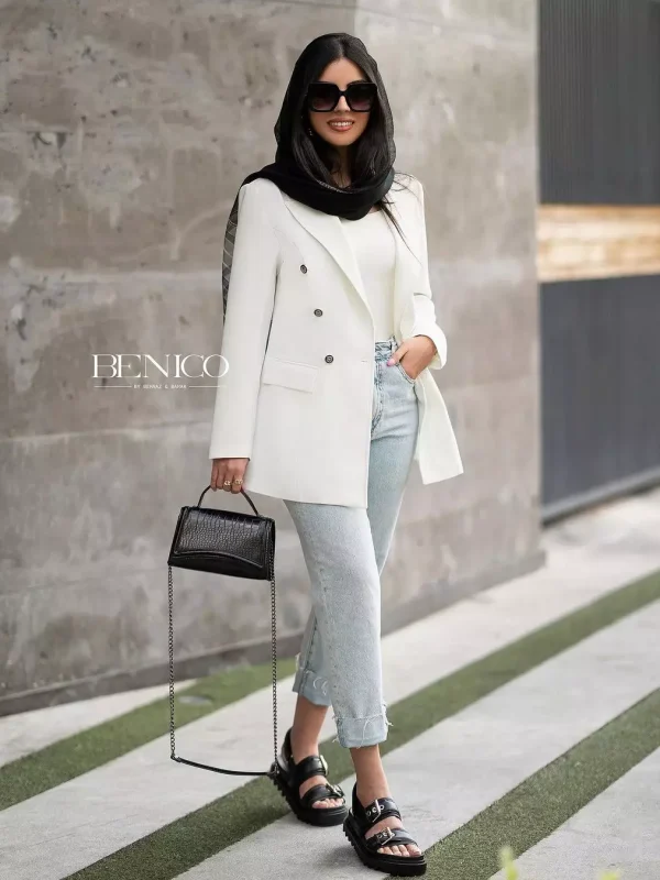 خرید کت تک زنانه جنس کرپ کنزو اندونزی رنگ‌ سفید از مزون بنیکو
